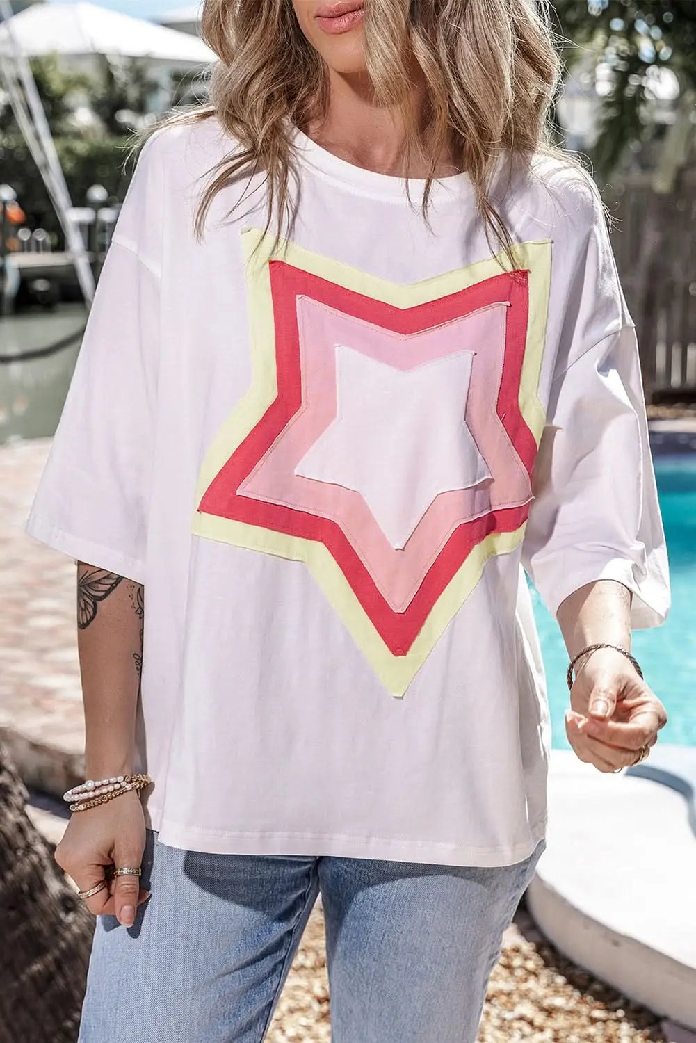 White Colorblock Star Patched Half Sleeve Oversized Tee - Love Salve